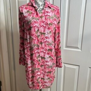 Jane & Delancey Pink Leopard Print Button-Up Shirt Dress Long S